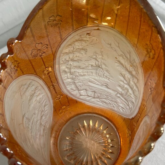 Vintage Marigold Carnival Glass Windmill Scene Pitcher Iridescent Orange - Picture 6 of 10